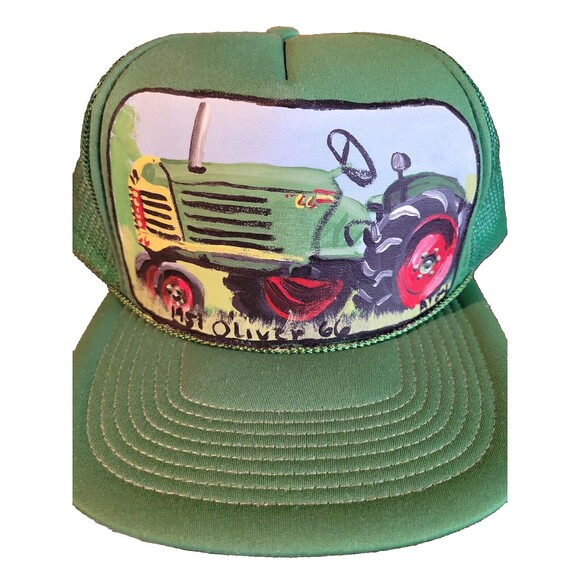 Vintage Oliver John Deere Hand Painted Trucker Green San Sun Hat From Sri Lanka - Picture 1 of 12